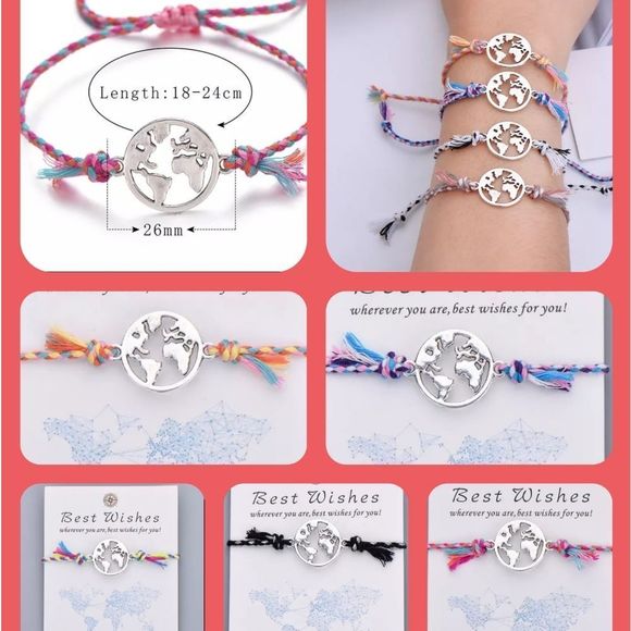 Pipitree Colorful Braided Rope Charm Bracelet Best Wishes World Map Wish Bracele - Picture 2 of 2
